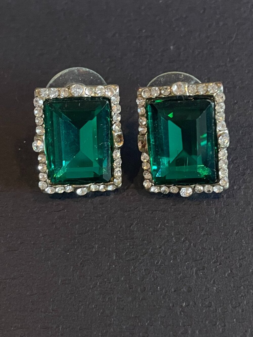 Emerald Green rectangular Faceted Crystal Rhinestone Gold Tone Stud Earrings